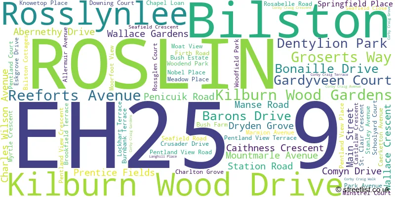 A word cloud for the EH25 9 postcode